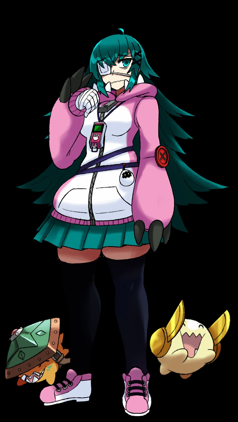 1girl closed_eyes digimon digimon_(creature) fang happy highres kakkinmon sakuttomon shield skirt smile sword weapon