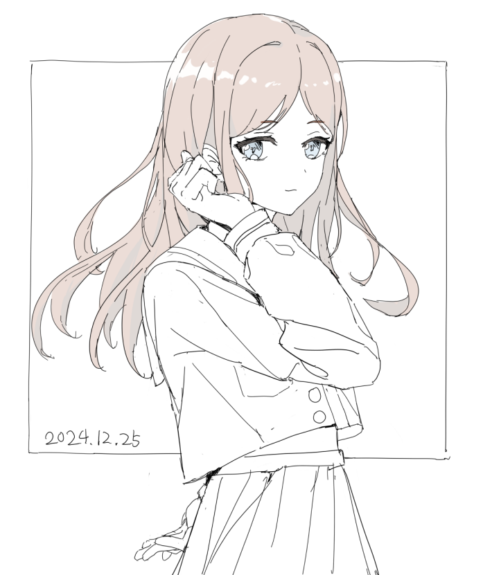1girl anli_(jwcpp4sum0mgk5r) bang_dream! bang_dream!_it&#039;s_mygo!!!!! blue_eyes brown_hair commentary cowboy_shot dated hashtag-only_commentary inset_border long_hair looking_at_viewer nagasaki_soyo outside_border partially_colored pleated_skirt school_uniform shirt sidelocks skirt solo tsukinomori_school_uniform tucking_hair unfinished