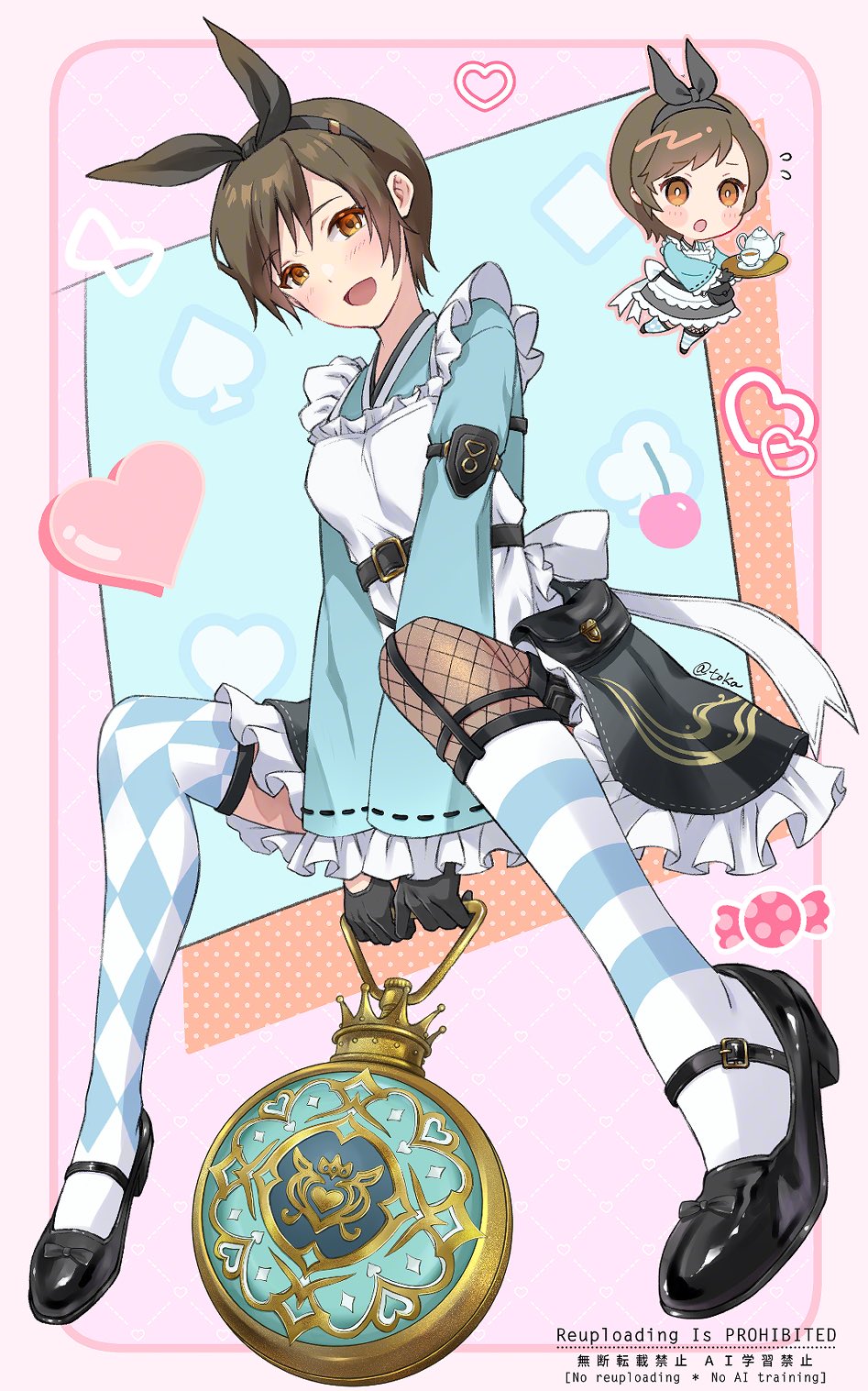 1girl animal_ears apron asymmetrical_legwear belt belt_buckle black_gloves black_hairband black_shoes black_skirt blue_kimono blush breasts brown_eyes brown_hair buckle chibi chibi_inset commentary_request cup final_fantasy final_fantasy_vii final_fantasy_vii_ever_crisis fishnets flying_sweatdrops frilled_apron frilled_skirt frilled_sleeves frills full_body gloves hairband heart highres holding holding_plate japanese_clothes kimono looking_at_viewer official_alternate_costume open_mouth plate quichi_91 rabbit_ears shoes short_hair skirt sleeves_past_wrists small_breasts solo teacup teapot thighhighs white_apron wide_sleeves yuffie_kisaragi yuffie_kisaragi_(bunny_apron)