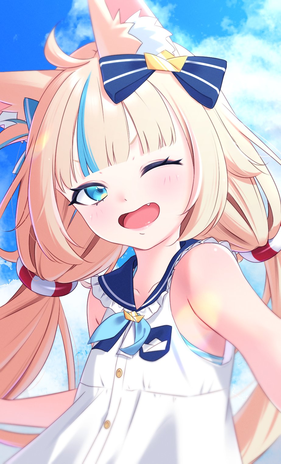 1girl ;d ahoge animal_ear_fluff animal_ears bare_shoulders bikini blonde_hair blue_bikini blue_eyes blue_hair blush cat_ears dress fang fish_girl highres indie_virtual_youtuber long_hair looking_at_viewer multicolored_hair one_eye_closed open_mouth sameko_saba sleeveless smile solo swimsuit twintails upper_body virtual_youtuber white_bikini white_dress yuricross00