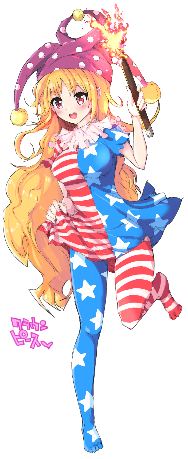 1girl :d aged_up american_flag_dress american_flag_legwear bad_id bad_pixiv_id blonde_hair blush breasts character_name clownpiece collar dress echizen_(hvcv) feet female_focus fire frilled_collar frilled_shirt_collar frills full_body hat heart highres jester_cap large_breasts long_hair looking_at_viewer neck_ruff no_shoes open_mouth pantyhose polka_dot red_eyes short_dress short_sleeves simple_background smile solo standing standing_on_one_leg star_(symbol) striped_clothes striped_pantyhose teeth toes touhou very_long_hair white_background
