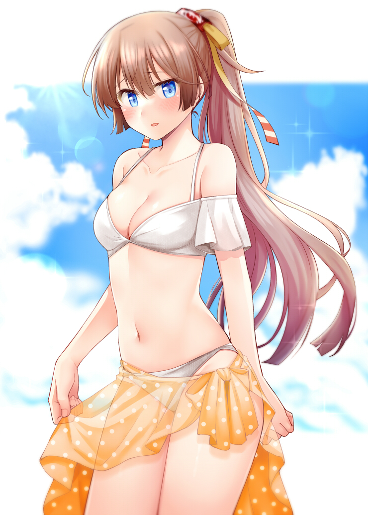1girl bare_arms bare_legs bare_shoulders bikini blue_eyes blush breasts brown_hair cleavage collarbone cowboy_shot hair_between_eyes hair_ribbon kantai_collection kazagumo_(kancolle) kazagumo_kai_ni_(kancolle) kazagumo_kai_ni_(swimsuit)_(kancolle) long_hair looking_at_viewer navel open_mouth orange_ribbon orange_sarong polka_dot ribbon rui_shi_(rayze_ray) sarong small_breasts solo swimsuit white_bikini
