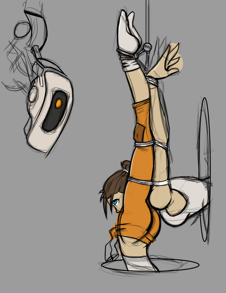 1girl autocunnilingus bdsm blue_eyes bondage bound breasts brown_hair chell cunnilingus female_focus female_masturbation glados grey_background masturbation midriff no_shoes oral ponytail portal_(object) portal_(series) portal_1 rope simple_background sketch socks solo stuck suspension valve