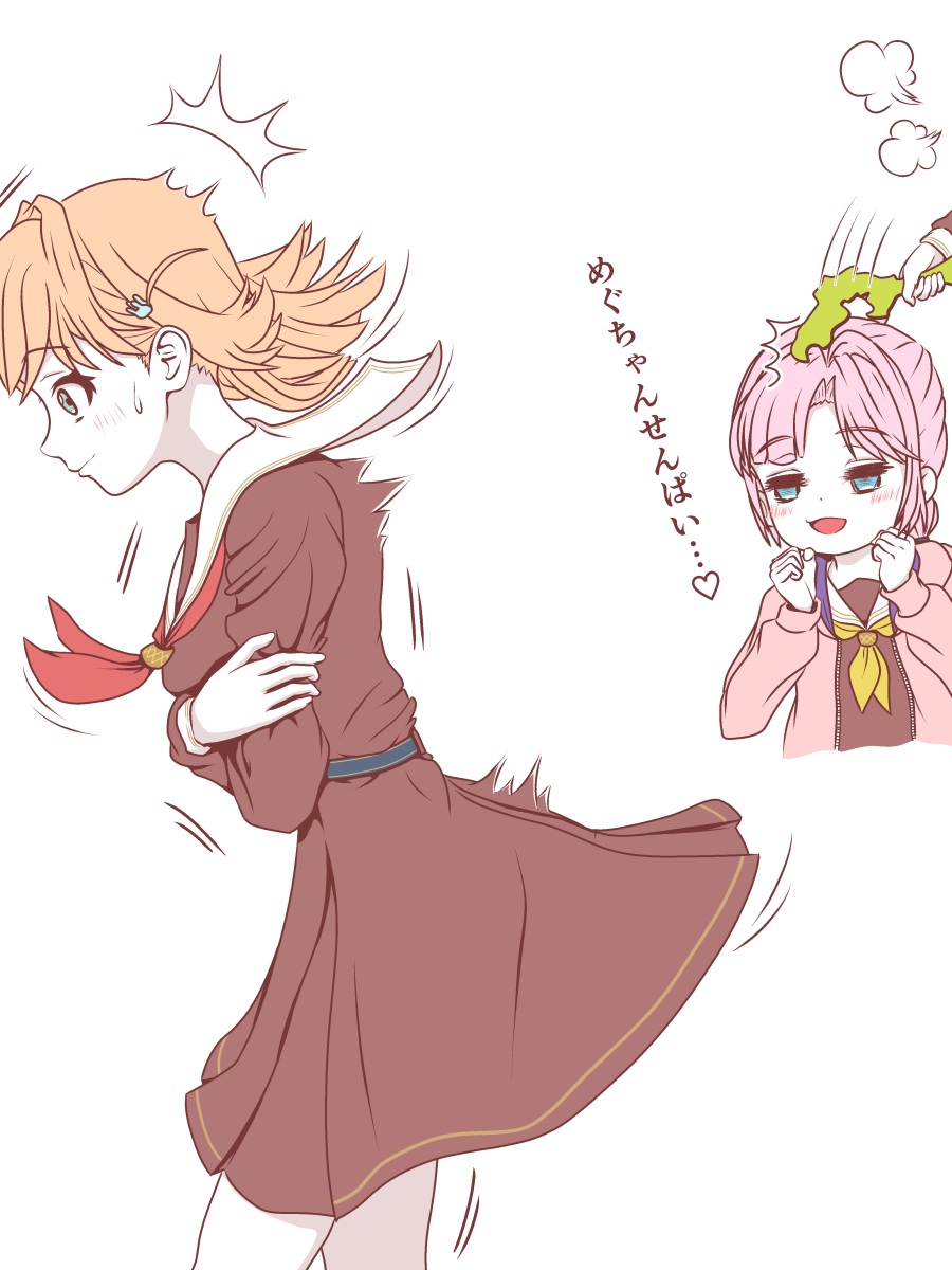 3girls :d ahoge anyoji_hime aqua_eyes arms_under_breasts black_ribbon blue_eyes blunt_bangs blush bonk breasts brown_dress commentary_request cowboy_shot cropped_torso crossed_arms dress hair_ornament hair_ribbon half-closed_eyes hasu_no_sora_school_uniform heart highres hinoshita_kaho holding holiday_holiday_(tenko)_(love_live!) hood hooded_jacket ishikawa_prefecture jacket link!_like!_love_live! long_hair long_sleeves love_live! medium_breasts medium_dress medium_hair momose_ginko multi-tied_hair multiple_girls neckerchief open_clothes open_jacket open_mouth orange_hair out_of_frame pink_hair pink_jacket pleated_dress ponytail rabbit_hair_ornament red_neckerchief ribbon saboten_(sabo10_c) sailor_collar sailor_dress school_uniform sidelocks simple_background smile spoken_heart swept_bangs two_side_up virtual_youtuber white_background white_sailor_collar wide-eyed winter_uniform yellow_neckerchief
