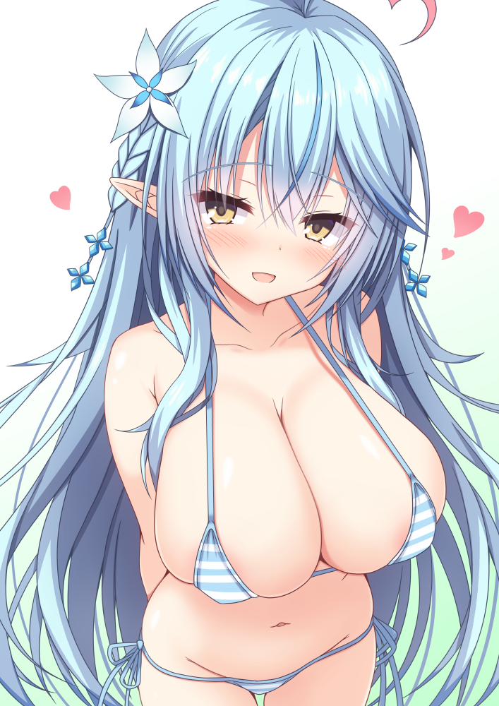 1girl ahoge aqua_hair arms_behind_back bikini blush braid breasts cleavage collarbone commentary_request elf flower hair_between_eyes hair_flower hair_ornament hololive kanaya_(cybelekanaya) large_breasts long_hair looking_at_viewer navel open_mouth pink_hair pointy_ears side-tie_bikini_bottom simple_background smile solo stomach striped_bikini striped_clothes swimsuit very_long_hair white_background yellow_eyes yukihana_lamy