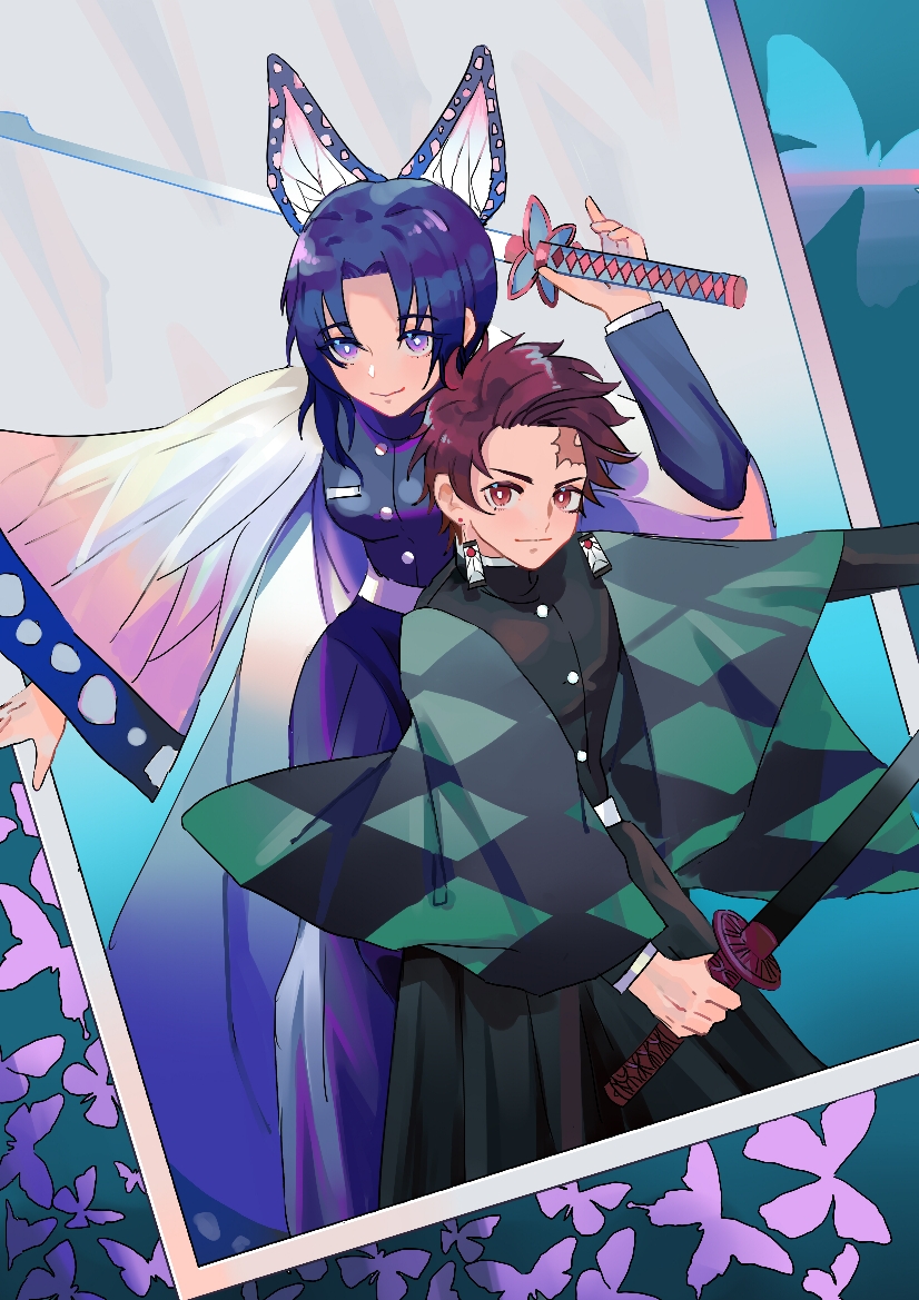1boy 1girl alternate_universe asa_no_ha_(pattern) belt black_hair blue_butterfly blush bug butterfly butterfly_hair_ornament butterfly_on_hand checkered_clothes checkered_haori demon_slayer_uniform doufujintianxianle earrings flower gradient_hair hair_ornament hanafuda hanafuda_earrings haori insect japanese_clothes jewelry kamado_tanjirou katana kimetsu_no_yaiba kishimen_hair kochou_shinobu multicolored_hair purple_butterfly scar scar_on_face scar_on_forehead smile sword sword_writing updo weapon white_belt wisteria