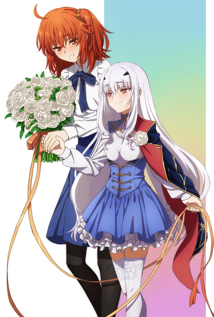 2girls ahoge anniversary_blonde black_gloves black_legwear blue_dress blue_skirt blush bouquet breasts brown_eyes cape collared_shirt dress dress_shirt melusine_(fate) melusine_(second_ascension)_(fate) fate/grand_order fate_(series) flower forked_eyebrows frills fujimaru_ritsuka_(female) fujimaru_ritsuka_(female)_(anniversary_blonde) gloves hair_ornament hair_scrunchie holding_hands long_hair long_sleeves medium_breasts multiple_girls oiun one_side_up orange_eyes orange_hair pantyhose scrunchie shirt short_hair sidelocks skirt small_breasts smile thighhighs thighs white_hair white_legwear white_shirt
