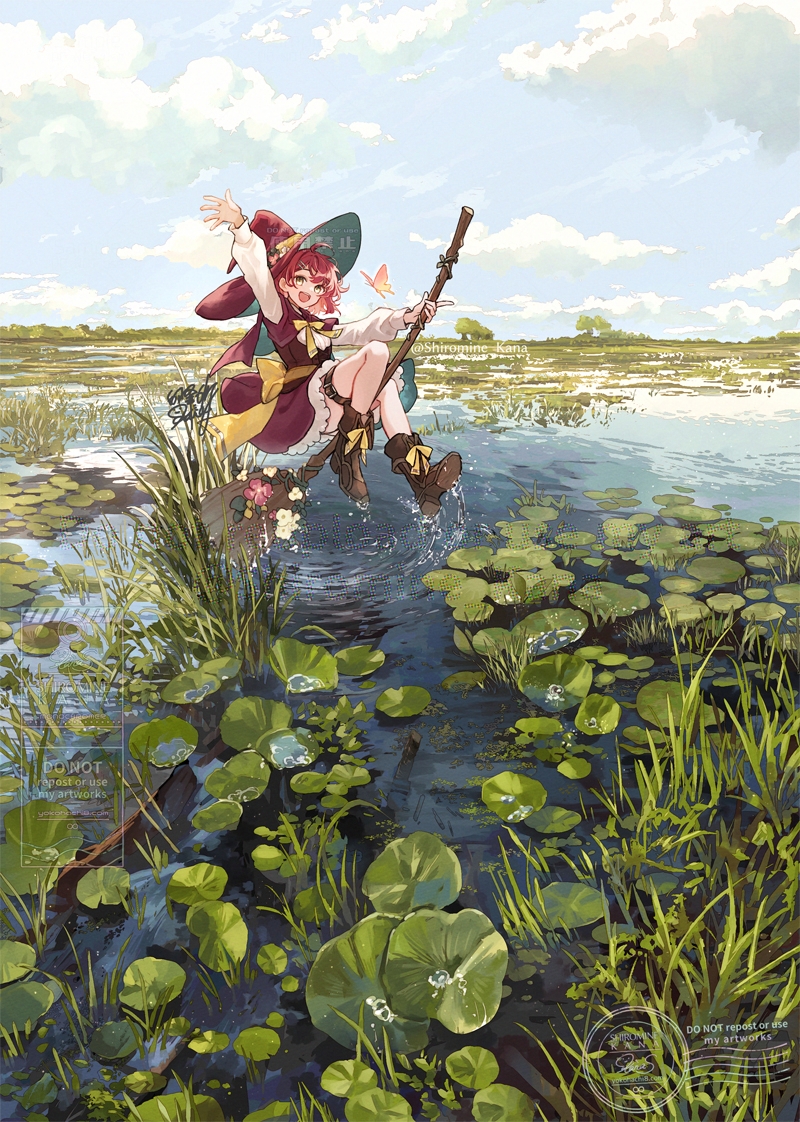 1girl arm_up boots broom broom_riding brown_boots bug butterfly capelet cloud cloudy_sky corset hat insect lake lily_pad long_sleeves looking_at_viewer nature open_mouth original outdoors red_capelet red_hair red_hat red_skirt ribbon scenery shiromine_kana shirt skirt sky solo water watermark white_shirt witch witch_hat yellow_eyes yellow_ribbon