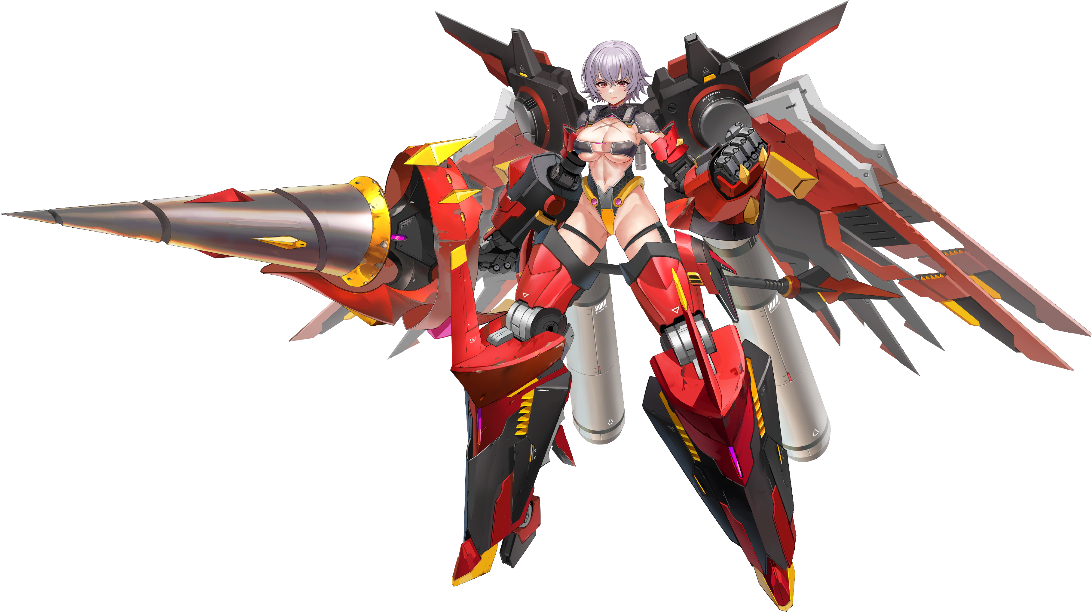 >:( 1girl abs absurdres armor bra breasts cleavage closed_mouth cross_scar full_body gluteal_fold grey_hair groin_tendon highres holding holding_polearm holding_weapon huge_weapon large_breasts last_origin linea_alba lips looking_at_viewer mecha_musume mechanical_arms mechanical_legs mechanical_wings muscular muscular_female naked_armor navel official_alternate_costume official_art polearm power_armor red_eyes retsuna sarena_(last_origin) scar scar_on_chest scratches see-through_bra see-through_clothes short_hair simple_background skindentation solo standing strapless strapless_bra tachi-e taesi third-party_source transparent_background underboob underwear v-shaped_eyebrows weapon wings