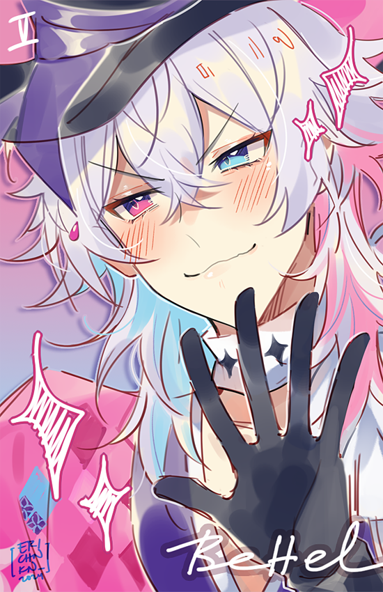 1boy bishounen black_gloves blue_eyes blue_hair character_name coll_(erichankun) commentary eyelashes eyeshadow gavis_bettel gavis_bettel_(1st_costume) gloves gradient_background grey_hair hair_between_eyes hat heterochromia holostars holostars_english looking_to_the_side makeup male_focus medium_hair multicolored_hair pink_eyes pink_eyeshadow pink_hair scarf shy smile solo sparkle top_hat virtual_youtuber wavy_mouth white_scarf