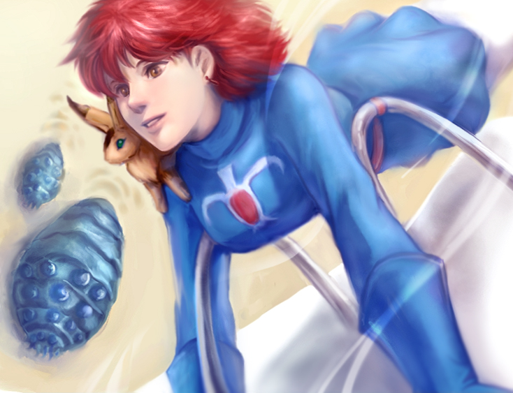 1980s_(style) brown_eyes flying kaze_no_tani_no_nausicaa mehve nausicaa ohmu oldschool red_hair retro_artstyle solo studio_ghibli teto_(nausicaa) yakizakana