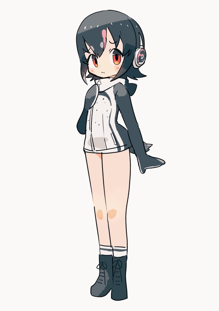 1girl :&lt; black_boots black_hair blush boots dress full_body hair_between_eyes headphones high_collar humboldt_penguin_(kemono_friends) kemono_friends long_sleeves multicolored_hair naka_(buttergirl_02) orange_eyes penguin_girl penguin_tail pink_hair short_hair sidelocks socks solo sweater sweater_dress tail two-tone_hair two-tone_hoodie white_socks