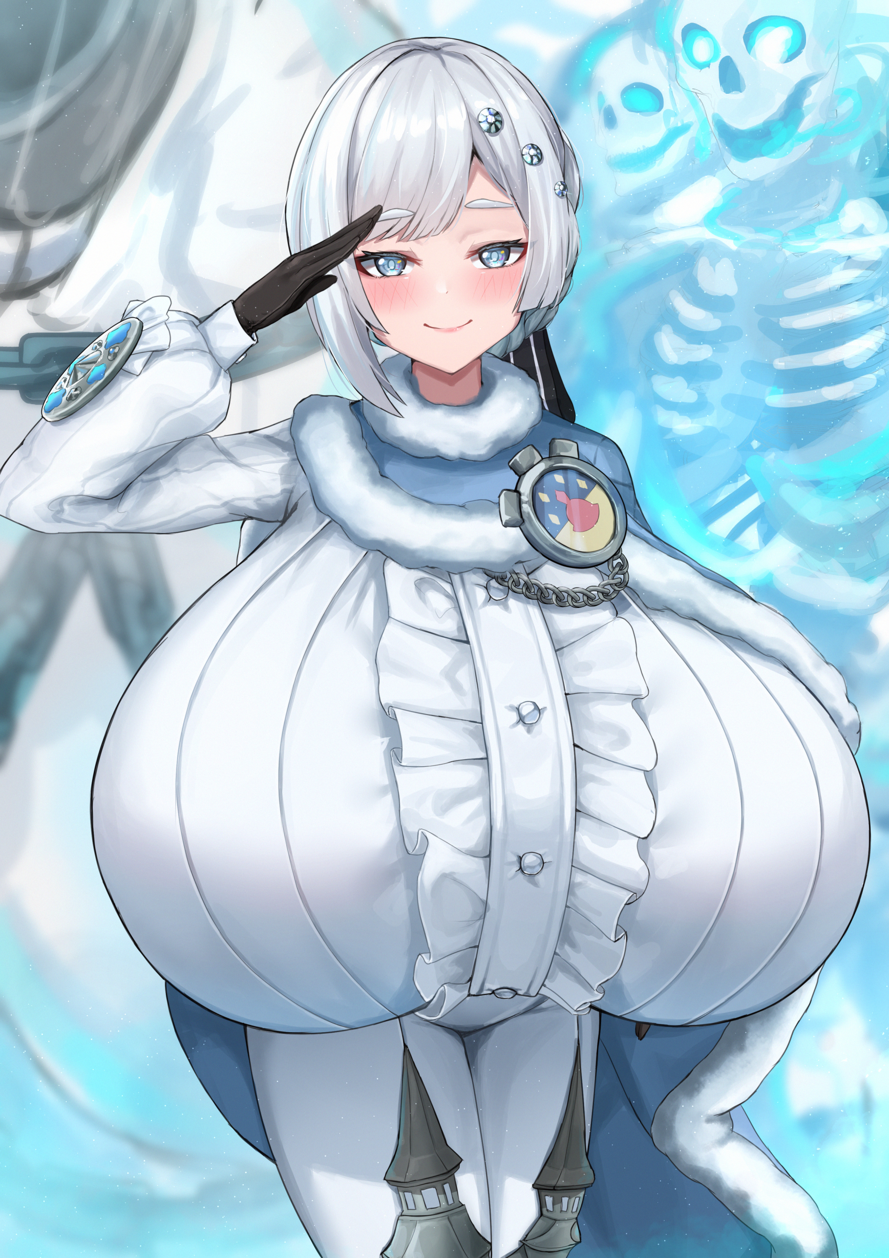 1girl absurdres akershus_fortress_(oshiro_project) badge black_gloves blue_cape blue_cloak blue_eyes bodysuit braid breasts cape center_frills cloak commission frills fur-trimmed_cape fur-trimmed_cloak fur_trim gigantic_breasts gloves grey_hair highres impossible_bodysuit impossible_clothes irorong looking_at_viewer oshiro_project:re padded_cloak pants pixiv_commission salute skeleton smile solo tight_clothes tight_pants white_bodysuit