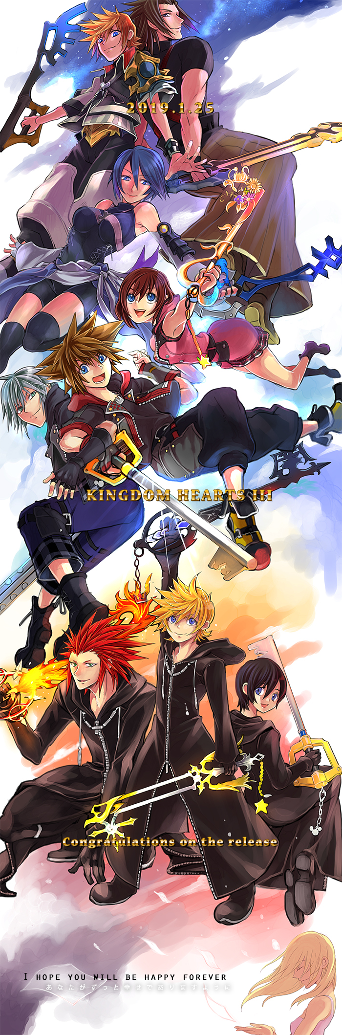4girls 6+boys aqua_(kingdom_hearts) axel_(kingdom_hearts) back-to-back black_coat black_coat_(kingdom_hearts) black_footwear black_gloves black_hair black_shirt black_thighhighs blonde_hair blue_eyes blue_hair blue_pants boots braveheart_(kingdom_hearts) breasts brown_hair coat destiny&#039;s_embrace_(kingdom_hearts) dress dual_wielding earthshaker_(kingdom_hearts) english_text fingerless_gloves flame_liberator floating gloves green_eyes highres holding holding_hands holding_weapon hood hood_down hooded_coat jacket kairi_(kingdom_hearts) keyblade kingdom_hearts kingdom_hearts_iii kingdom_key long_hair looking_at_viewer looking_to_the_side medium_breasts multiple_boys multiple_girls namine oathkeeper oblivion_(keyblade) open_clothes open_jacket over_shoulder pants pink_dress rainfell red_hair riku_(kingdom_hearts) roxas shirt shoes short_hair short_sleeves sleeveless sleeveless_dress sora_(kingdom_hearts) spiked_hair standing terra_(kingdom_hearts) thighhighs ventus_(kingdom_hearts) wayward_wind weapon weapon_over_shoulder white_dress xion_(kingdom_hearts) yellow_shoes zipper zyano