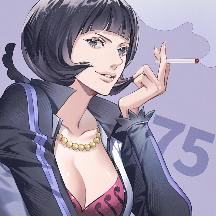 1girl black_eyes black_hair blunt_bangs bob_cut breasts cigarette cleavage commentary_request holding holding_cigarette jacket jewelry light_smile long_sleeves necklace numbered one_piece pearl_necklace pink_shirt purple_background shakuyaku_(one_piece) shirt smoke solo upper_body yoshicha