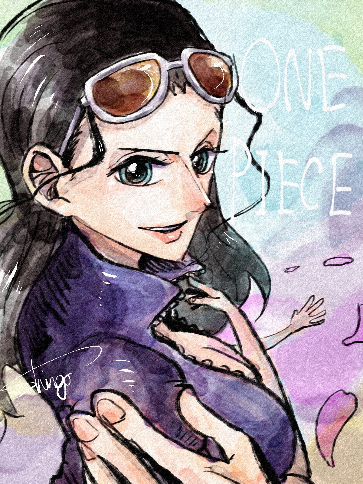 1girl black_hair blue_eyes blue_jacket commentary_request copyright_name crossed_arms devil_fruit_power extra_arms eyewear_on_head hair_slicked_back hana_hana_no_mi high_collar highres jacket long_hair looking_at_viewer nico_robin nico_robin_(return_to_sabaody) one_piece parted_lips petals pink_petals signature smile solo sunglasses teeth upper_teeth_only urinunhanada zipper