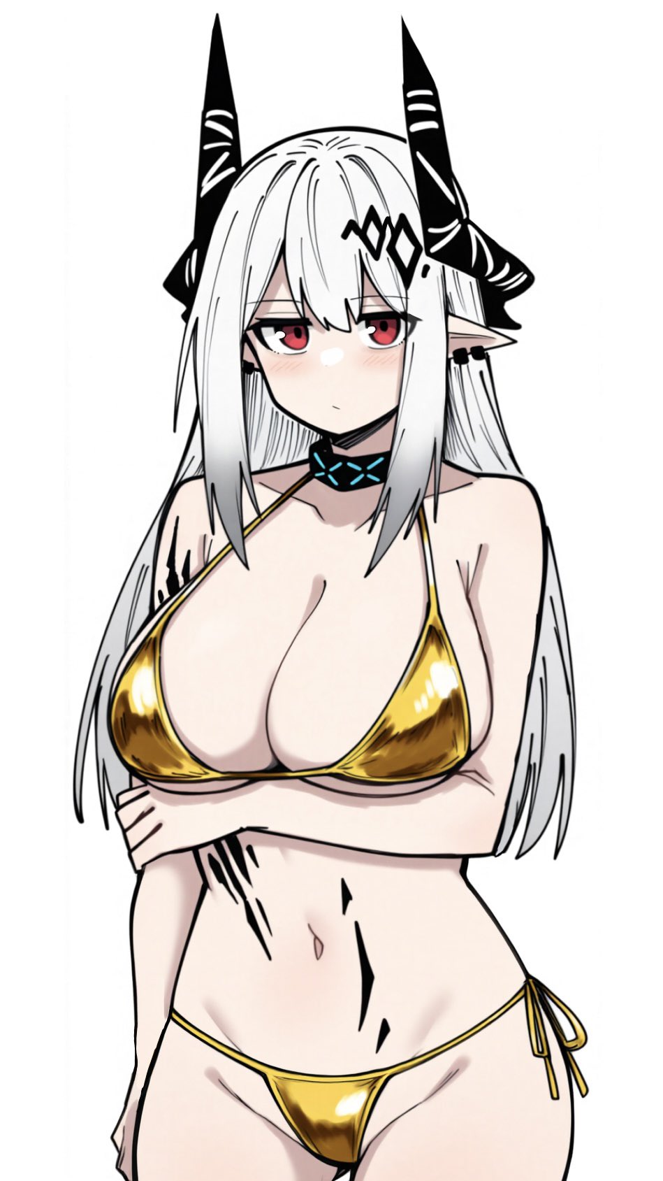 1girl arknights bikini breasts earrings gold_bikini highres holding_own_arm horns infection_monitor_(arknights) jewelry jitome large_breasts long_hair makigirisu material_growth mudrock_(arknights) navel oripathy_lesion_(arknights) pointy_ears red_eyes side-tie_bikini_bottom swimsuit white_hair