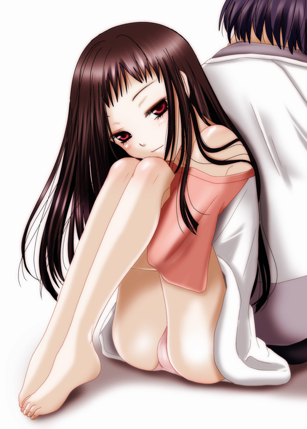 1boy 1girl ar_tonelico ar_tonelico_ii back-to-back barefoot black_hair chroah_vatel feet gust hugging_own_legs inumori_sayaka jakuri_(ar_tonelico) long_hair no_pants off_shoulder panties red_eyes sitting smile underwear