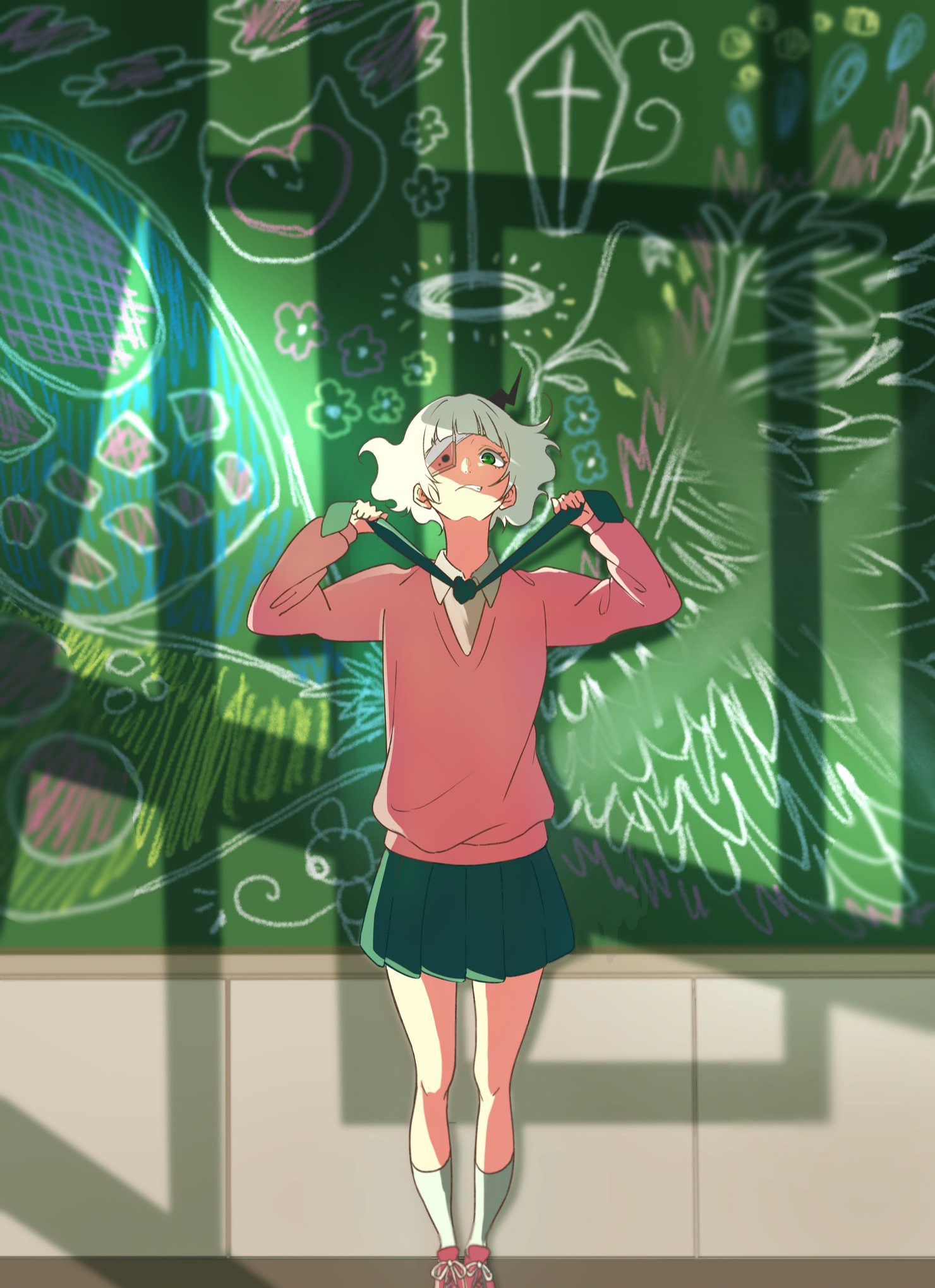 1girl angel_wings bandaged_head bandages black_horns blonde_hair blunt_bangs cellphone chalk chalkboard classroom clenched_teeth collared_shirt eyepatch from_above green_eyes green_neckerchief green_skirt highres holding_neckerchief horns implied_strangling kneehighs long_sleeves neckerchief phone phone_eyepatch pink_shoes pink_sweater pleated_skirt puffy_sleeves ruru_(shinsei_kamattechan) school shinsei_kamattechan shirt shoes short_hair single_horn skirt sneakers socks solo sweater teeth white_shirt white_socks wide-eyed wings yu_(mmuucc)