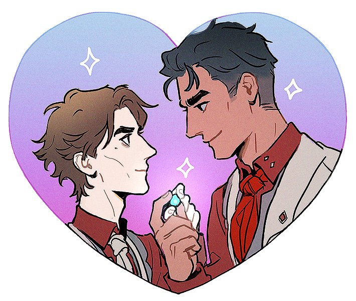2boys adam&#039;s_apple arcane:_league_of_legends arcane_jayce arm_up ascot black_hair brown_eyes bunnyclvb closed_mouth collared_shirt commentary english_commentary face-to-face gradient_background holding jacket jayce_(league_of_legends) lapels league_of_legends long_sleeves male_focus mole mole_on_cheek multiple_boys parted_bangs profile red_ascot red_shirt shirt short_hair sideburns smile sparkle thick_eyebrows upper_body viktor_(arcane) viktor_(league_of_legends) white_background white_jacket wing_collar yaoi