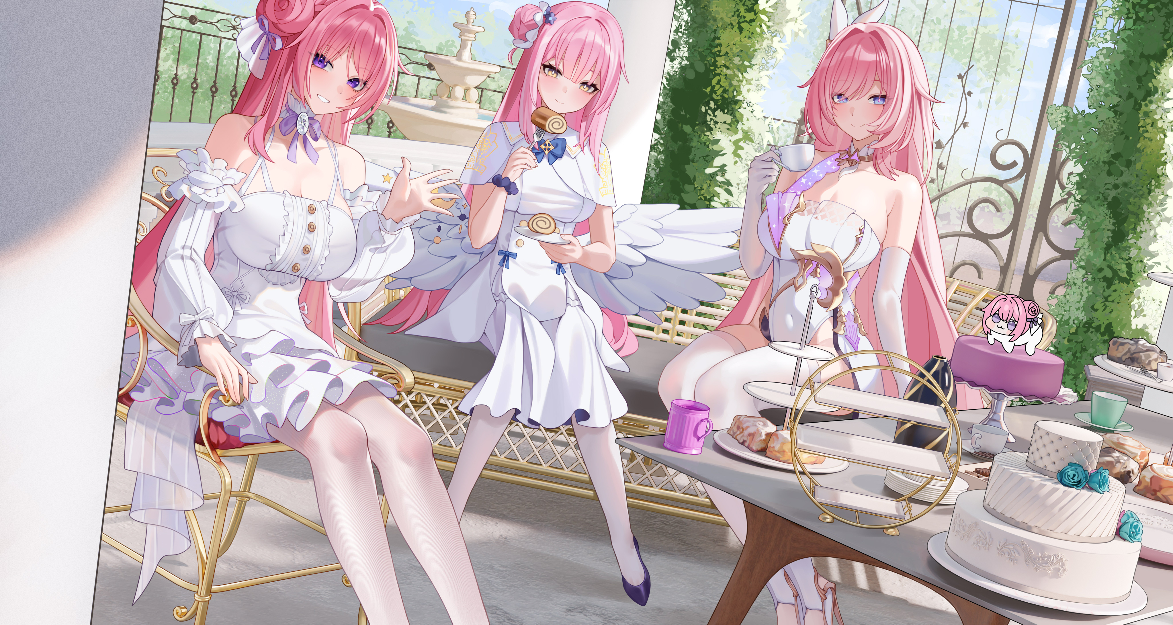 3girls absurdres angel_wings aqua_flower bare_shoulders blue_archive blue_bow blue_bowtie blue_shoes blush bottle bow bowtie breasts cake cake_stand capelet chair choker cleavage closed_mouth color_connection commentary covered_navel cross crossover cup day detached_sleeves doro_(nikke) dorothy_(nikke) dress elysia_(herrscher_of_human:_ego)_(honkai_impact) elysia_(honkai_impact) english_commentary feathered_wings flower food fork fountain frilled_choker frills garden goddess_of_victory:_nikke grin hair_bun hair_color_connection hair_flower hair_ornament hair_ribbon high_heels highres holding holding_cup holding_fork holding_plate honkai_(series) honkai_impact_3rd large_breasts layered_dress long_hair low_wings mika_(blue_archive) mug multiple_girls neck_ribbon pantyhose pink_hair pink_pupils plant plate purple_eyes purple_flower purple_ribbon ribbon salute shitsurakuen_(paradise_lost) shoes single_side_bun sitting smile strapless strapless_dress swept_bangs swiss_roll table thighhighs thighs tiered_tray white_capelet white_choker white_dress white_pantyhose white_ribbon white_sleeves white_thighhighs white_wings wings yellow_eyes