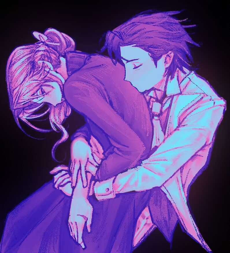1boy 1girl alice_deross ascot beijingban18388 black_background chinese_commentary closed_eyes commentary_request hug hug_from_behind identity_v lapels large_variant_set long_hair long_sleeves monochrome notched_lapels orpheus_(identity_v) purple_theme shirt short_hair skirt sweater turtleneck turtleneck_sweater variant_set