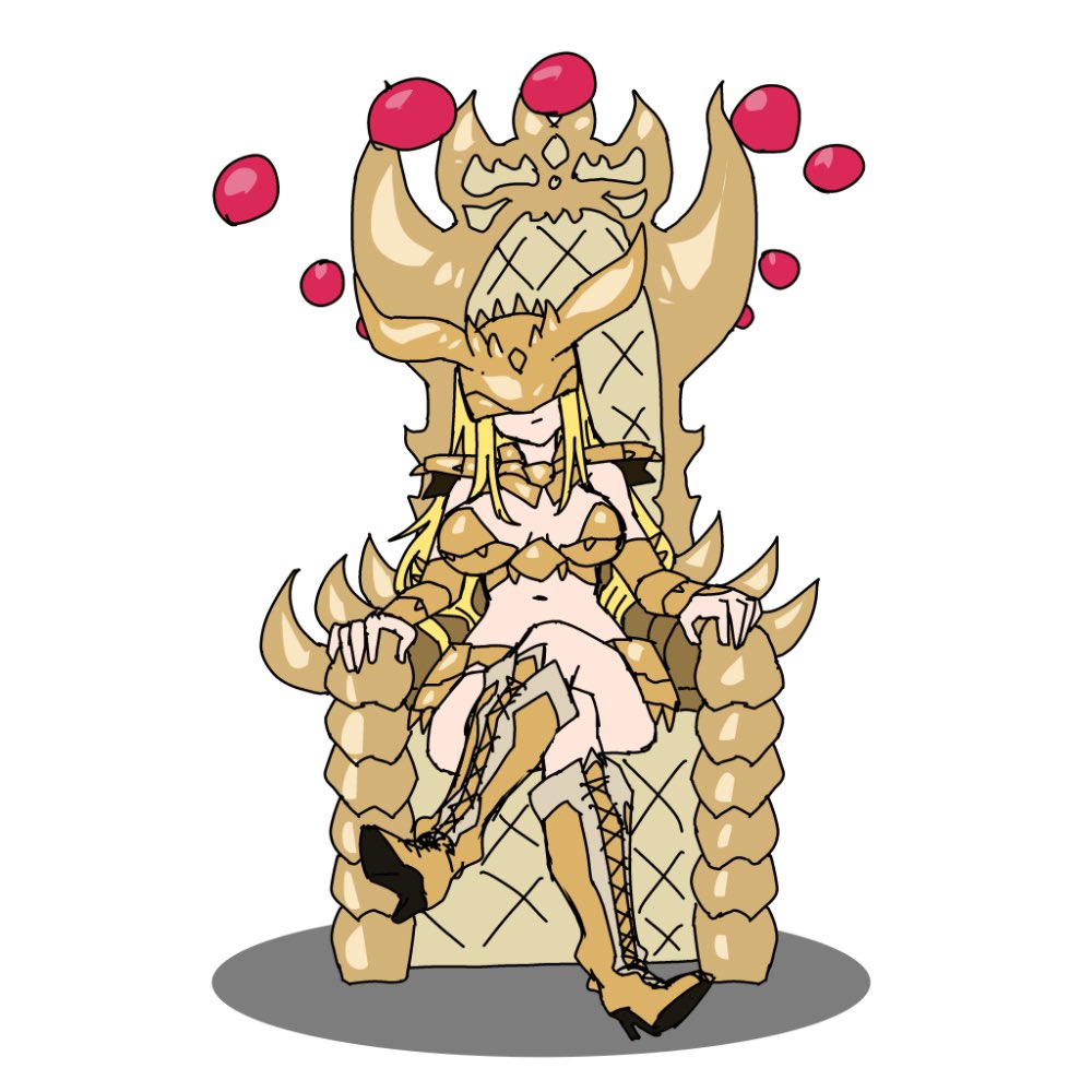 1girl alternate_costume angewomon armor blonde_hair boots breasts covered_eyes digimon digimon_(creature) gerusyu helmet helmet_over_eyes high_heels huanglongmon long_hair navel revealing_clothes sitting sitting_on_throne solo throne