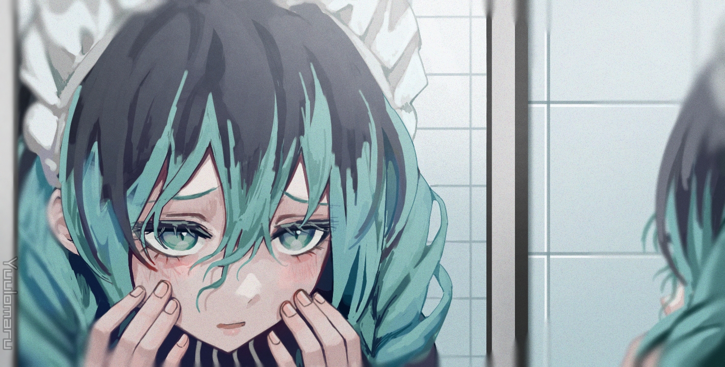 1girl alternate_costume alternate_hair_color alternate_hairstyle aqua_eyes aqua_hair bathroom black_hair blush braid furrowed_brow hair_between_eyes hair_over_shoulder hands_on_own_cheeks hands_on_own_face hands_up hatsune_miku indoors long_hair looking_at_reflection maid maid_headdress mirror multicolored_hair open_mouth reflection saji_no_majinai_(vocaloid) solo tile_wall tiles twin_braids two-tone_hair vocaloid yangie37