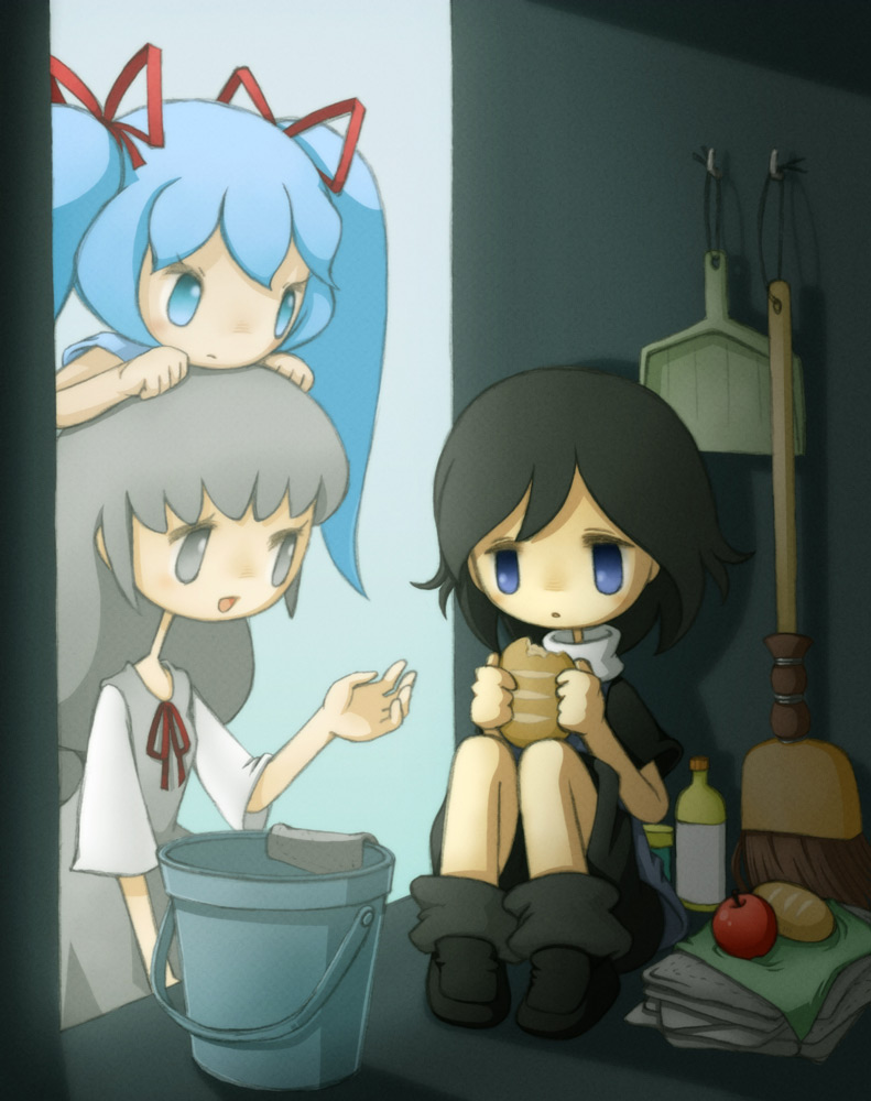 1boy 2girls apple bad_id bad_pixiv_id black_hair blue_eyes blue_hair bow bread broom bucket conchiel_monyanizumu dustpan eating food fruit grey_eyes grey_hair hair_bow holding lasagna_(towelket_wo_mou_ichido) moochasu multiple_girls cleaning_rag towelket_wo_mou_ichido twintails yamori_511