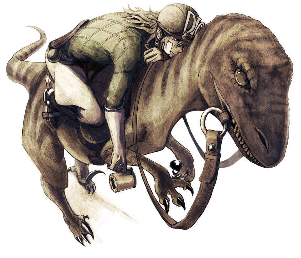 1boy argyle_clothes argyle_sweater bad_id bad_pixiv_id boots diego_brando dinosaur green_shirt harumachi_(natutaka) hat jodhpurs jojo_no_kimyou_na_bouken male_focus natutaka_717 pants raptor shirt solo spurs steel_ball_run sweater velociraptor
