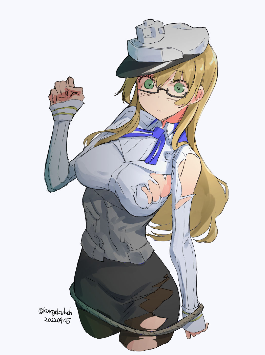 1girl black_pantyhose black_skirt blonde_hair blue_ribbon blunt_bangs breasts corset cowboy_shot cropped_legs green_eyes highres kangoku_kou kantai_collection large_breasts long_hair military military_uniform naval_uniform northampton_(kancolle) one-hour_drawing_challenge pantyhose pencil_skirt ribbon rope_around_waist semi-rimless_eyewear simple_background skirt solo torn_clothes white_background