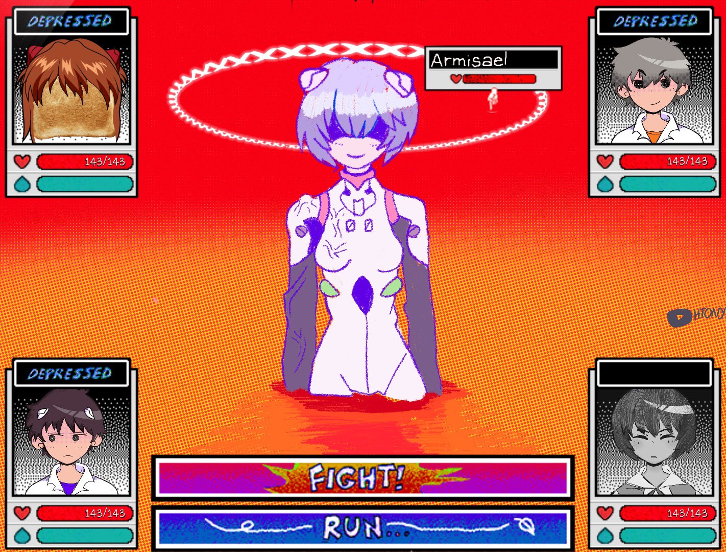1boy 2girls armisael_(evangelion) ayanami_rei blue_hair boss_fight bread bread_slice brown_hair commentary crossover depressed english_commentary english_text evil_smile food gameplay_mechanics grey_hair halo heads-up_display health_bar heart htony ikari_shinji lcl mecha_pilot_suit multiple_girls nagisa_kaworu neon_genesis_evangelion omori orange_hair plugsuit_(evangelion) shaded_face short_hair signature smile souryuu_asuka_langley the_end_of_evangelion toast twitter_username user_interface veins water_drop