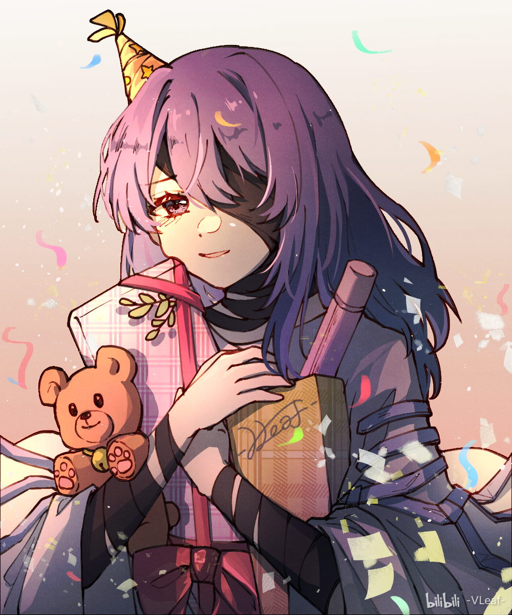 1girl bandaged_arm bandages bilibili_logo bilibili_username blindfold box chinese_commentary commentary confetti gift gift_box gift_wrapping gradient_background hair_between_eyes hair_intakes hat hecate_(path_to_nowhere) highres hugging_object long_hair one_eye_covered open_mouth orange_background party_hat path_to_nowhere purple_hair robe signature smile solo stuffed_animal stuffed_toy teddy_bear upper_body vleaf white_robe wide_sleeves yellow_hat