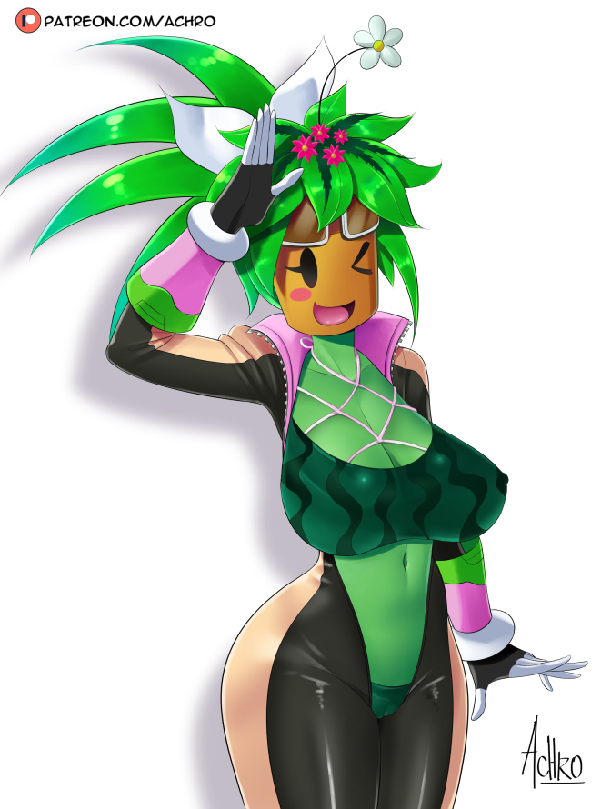 1girl achromaru blaster_master_zero breasts cameltoe cleavage colored_skin green_skin huge_breasts kanna_(blaster_master_zero) navel plant