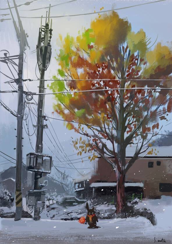 building creature day no_humans original painting_(medium) power_lines road scenery sky slow_d snow snowing street traditional_media utility_pole white_sky window