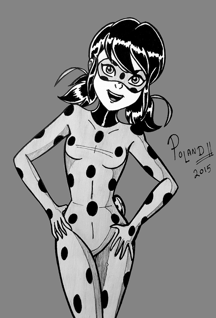bodysuit dots hair_between_eyes ladybug_(character) mask miraculous_ladybug poland_(artist) polka_dot_bodysuit red_bodysuit ribbon short_hair sidelocks twintails two-tone_bodysuit