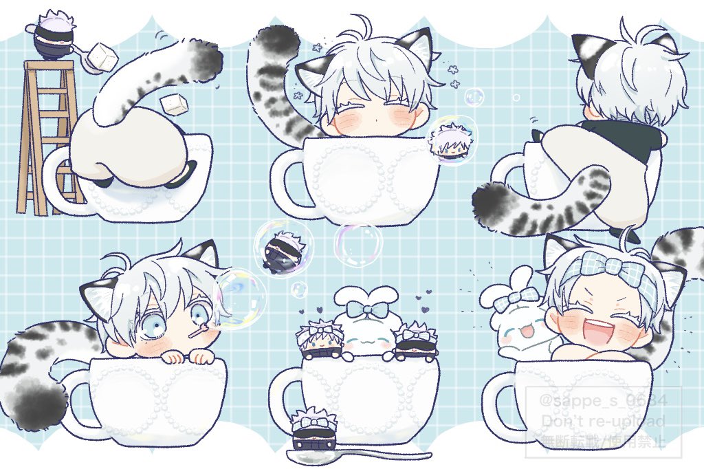 :3 black_blindfold black_shirt blindfold blowing_bubbles blue_eyes blue_hair bubble chibi chibi_only commentary_request cup gojou_satoru jujutsu_kaisen ladder light_blue_hair male_focus minimized mug multiple_persona pants sappe_s_0634 shirt short_hair snow_leopard_boy snow_leopard_ears snow_leopard_tail spoon white_pants
