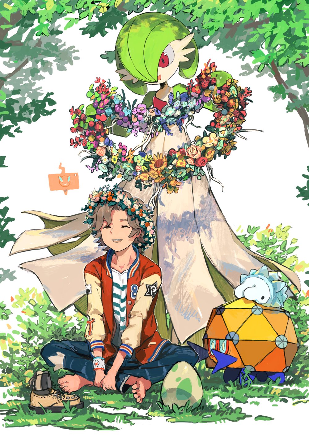 1boy ^_^ atory_totory barefoot blue_pants brown_hair character_request closed_eyes commentary day dottler dynamax_band egg facing_viewer flower flower_wreath full_body gardevoir gen_3_pokemon gen_4_pokemon gen_8_pokemon grass head_wreath highres holding holding_wreath indian_style jacket jersey looking_at_another nintendo on_grass open_mouth orange_jacket outdoors pants pokemon pokemon_(creature) pokemon_egg prism red_eyes rotom rotom_phone shirt short_hair sitting smile snom symbol-only_commentary tree unworn_footwear v_arms white_background white_shirt wristband