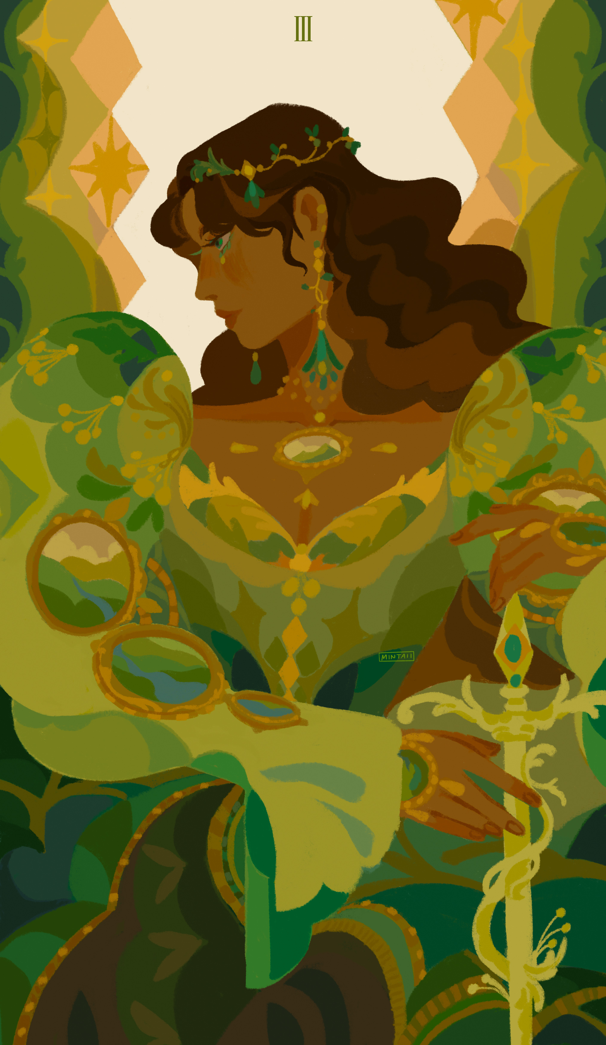 1girl absurdres analogous_colors brown_hair card_(medium) circlet closed_mouth commentary dark-skinned_female dark_skin dress earrings english_commentary expressionless eyeliner fantasy gem gold gold_earrings green_background green_dress green_eyeliner green_eyes green_gemstone green_theme hair_ornament highres jewelry long_hair long_sleeves looking_to_the_side makeup multicolored_background necklace original puffy_long_sleeves puffy_sleeves roman_numeral signature solo spearmintaii sword tarot tarot_(medium) the_empress_(tarot) upper_body wavy_hair weapon white_background yellow_background