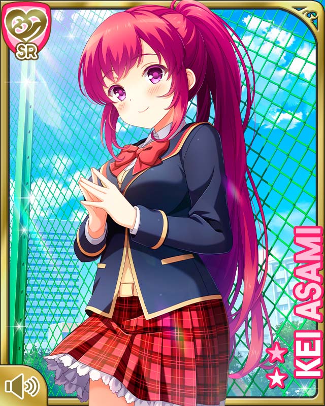 1girl asami_kei blue_jacket bow card_(medium) chain-link_fence character_name closed_mouth day fence girlfriend_(kari) jacket official_art outdoors pink_eyes pink_hair plaid_clothes plaid_skirt ponytail qp:flapper red_bow red_skirt school school_uniform shirt short_hair skirt smile standing tagme vest white_shirt yellow_vest