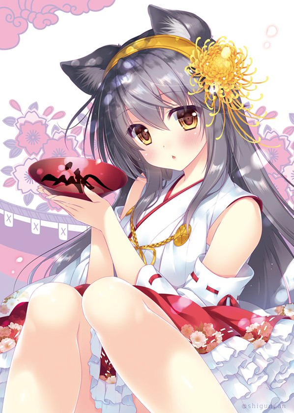 1girl :o animal_ears bare_shoulders blush breasts brown_eyes cat_ears cup detached_sleeves flower grey_hair hair_between_eyes hair_flower hair_ornament hairband haruna_(kancolle) holding holding_cup japanese_clothes kantai_collection large_breasts long_hair looking_at_viewer nontraditional_miko red_skirt sakazuki shigunyan sitting skirt solo yellow_hairband