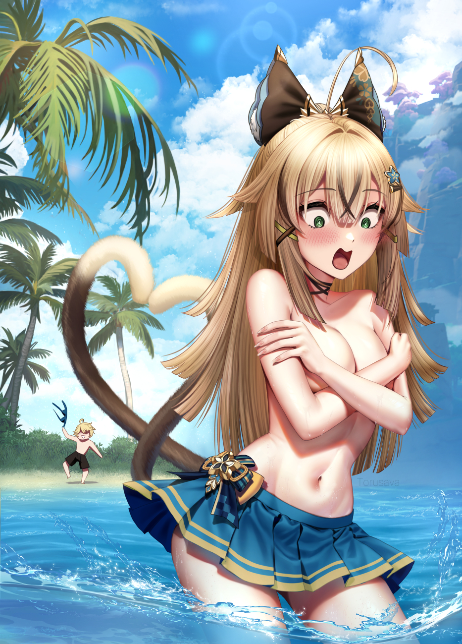 1boy 1girl @_@ aether_(genshin_impact) ahoge animal_ears bare_arms bare_shoulders black_choker black_hair blue_skirt blunt_ends breasts cat_ears cat_girl cat_tail center-flap_bangs choker cleavage clothes_theft commentary covering_breasts covering_privates cowboy_shot crossed_arms day embarrassed eyelashes genshin_impact green_eyes hair_between_eyes hair_ornament highres holding holding_swimsuit holding_unworn_clothes huge_ahoge kirara_(genshin_impact) light_brown_hair long_hair looking_down medium_breasts midriff miniskirt multicolored_hair multiple_tails navel ocean open_mouth outdoors palm_tree pleated_skirt prank skirt solo_focus splashing stomach streaked_hair surprised swimsuit swimsuit_theft tail tail_raised theft topless_female torusava tree tsurime two_tails unworn_swimsuit wading water wavy_mouth x_hair_ornament