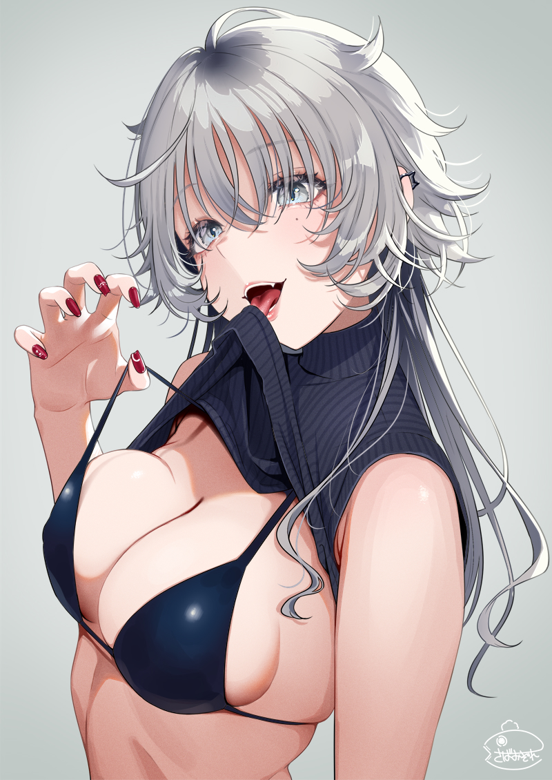 1girl bikini bikini_pull black_bikini black_sweater breasts clothes_pull commentary covered_erect_nipples duplicate fingernails grey_background grey_eyes hair_over_eyes long_fingernails medium_breasts mole mole_under_eye nail_polish open_mouth original pixel-perfect_duplicate red_nails silver_hair simple_background skindentation smile solo sweater swimsuit teeth tongue tongue_hold tongue_out tsukana_(saba_mizore) turtleneck upper_body upper_teeth_only very_long_fingernails
