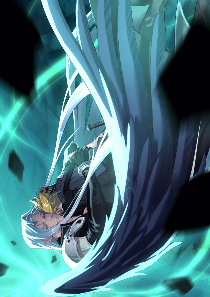 2boys armor black_gloves black_jacket black_shirt black_wings blonde_hair blurry blurry_foreground closed_eyes cloud_strife debris eilinna feathered_wings final_fantasy final_fantasy_vii final_fantasy_vii_advent_children fusion_swords gloves grey_hair hand_in_another&#039;s_hair holding holding_sword holding_weapon hug jacket lifestream long_hair long_sleeves male_focus multiple_boys parted_bangs sephiroth shirt short_hair shoulder_armor single_wing spiked_hair sword upper_body weapon wings yaoi