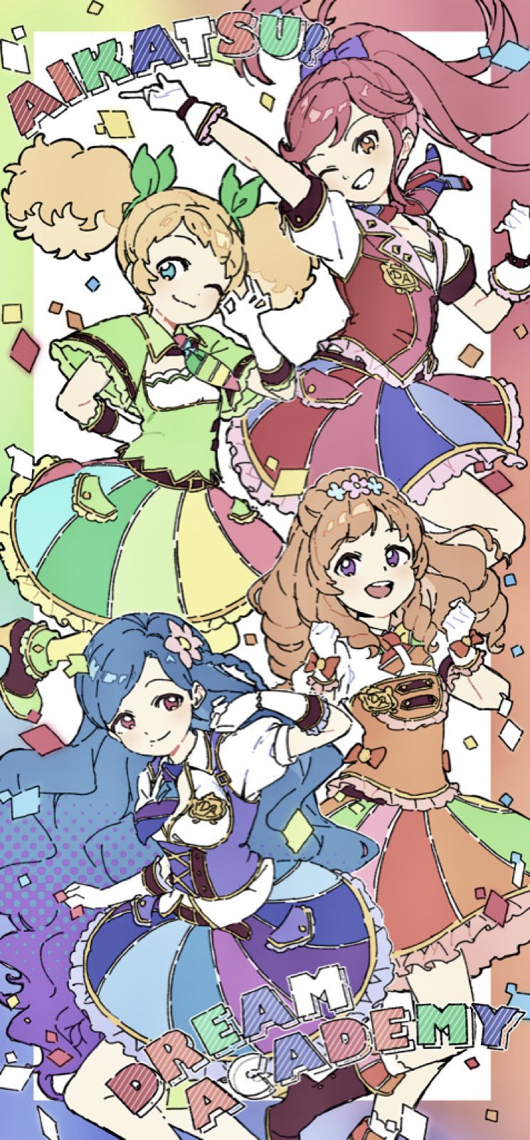 4girls :d aikatsu! aikatsu!_(series) arm_up blonde_hair blue_eyes blue_hair border bow commentary_request confetti copyright_name drill_hair flower frilled_skirt frills ginjiro_(ginjiroxx) green_shirt hair_bow hair_flower hair_ornament hand_up highres himesato_maria idol_clothes kazesawa_sora long_hair looking_at_viewer mole mole_under_mouth multicolored_skirt multiple_girls ok_sign one_eye_closed open_mouth orange_hair otoshiro_seira outstretched_arm pink_hair ponytail purple_eyes saegusa_kii shirt skirt smile twintails