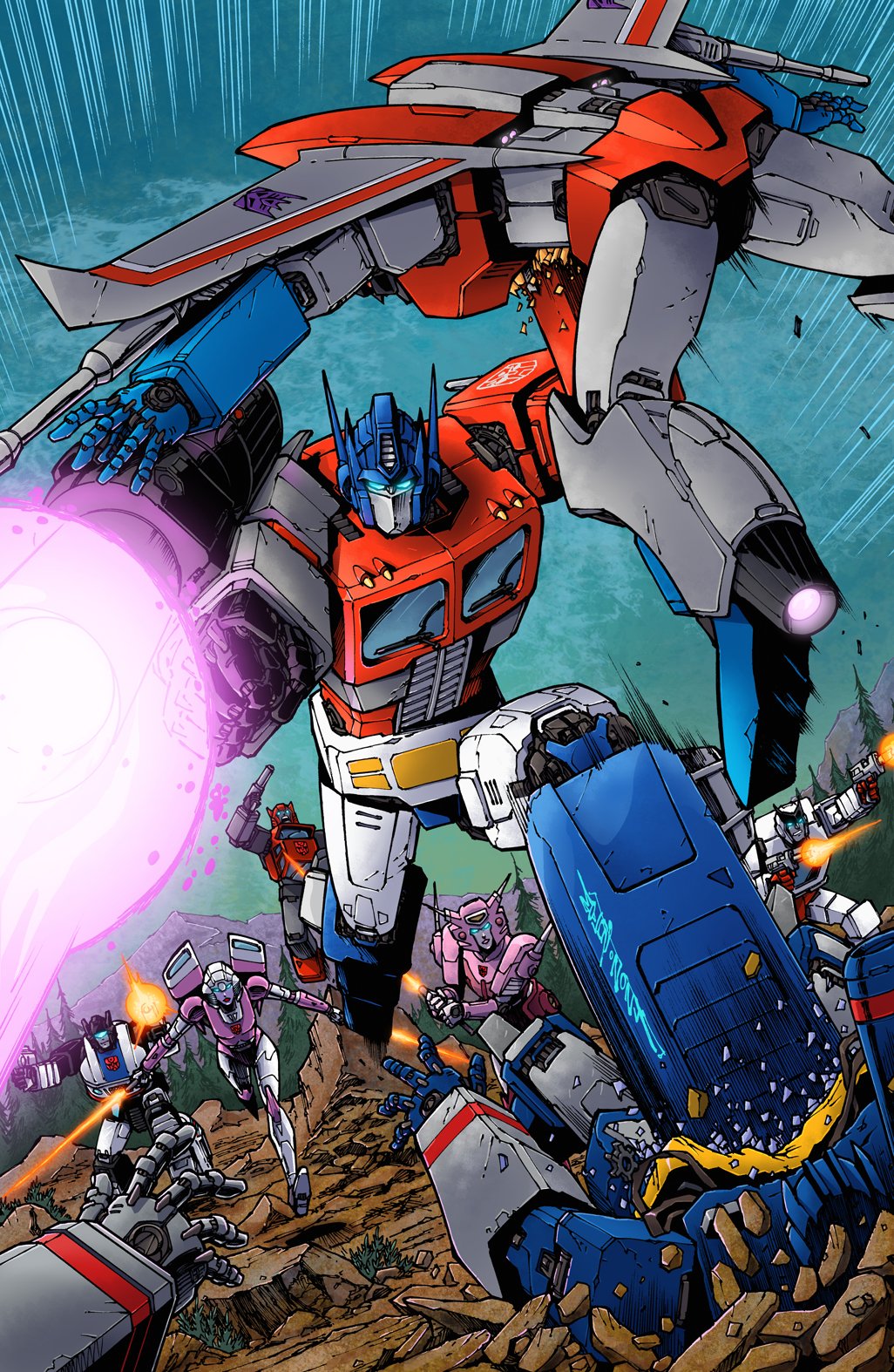 2girls 5boys alex_milne arcee arm_cannon autobot blue_eyes decepticon elita_one forest gun highres holding holding_sword holding_weapon jazz_(transformers) mountainous_horizon multiple_boys multiple_girls nature optimus_prime ratchet_(transformers) robot signature soundwave_(transformers) starscream sword transformers weapon windshield