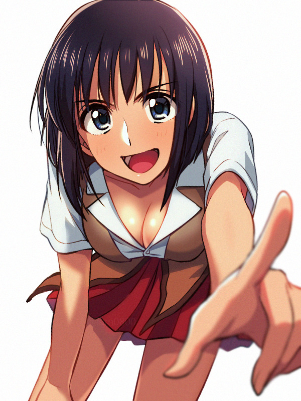 1girl :d asada_hachi black_hair blue_eyes blush breasts brown_vest cleavage commentary_request cowboy_shot dated_commentary large_breasts leaning_forward long_hair looking_at_viewer open_mouth pleated_skirt pointing pointing_at_viewer red_skirt school_rumble school_uniform shirt simple_background skirt smile solo suou_mikoto_(school_rumble) twitter_username vest watermark white_background white_shirt