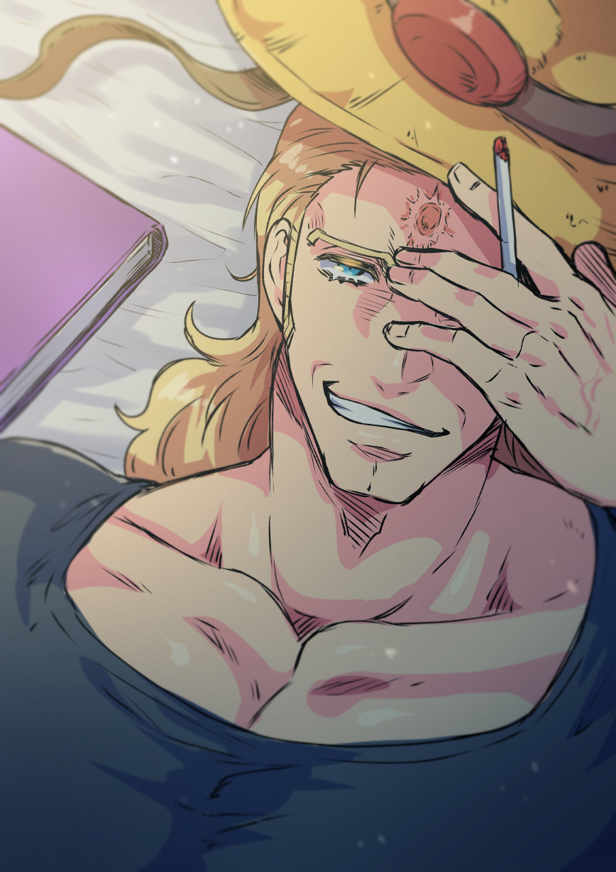 1boy black_shirt blonde_hair blue_eyes book cigarette commentary_request covering_one_eye cowboy_hat giga_omega grin hand_over_eye hat highres hol_horse holding holding_cigarette jojo_no_kimyou_na_bouken long_hair lying male_focus on_back pectorals portrait scar scar_on_face scar_on_forehead shirt smile solo stardust_crusaders