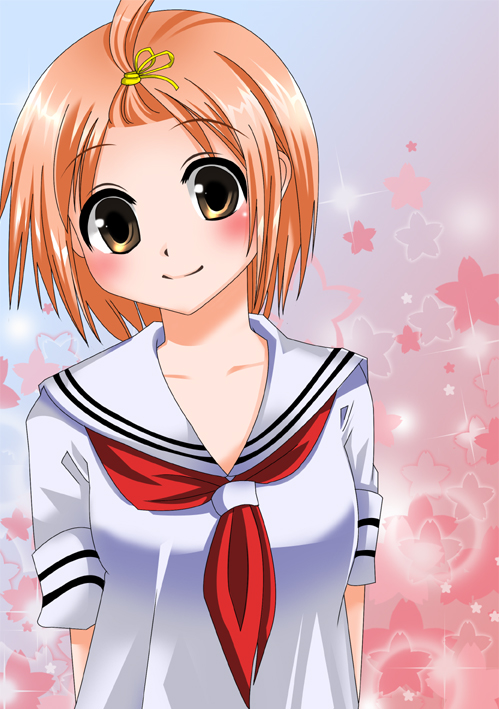 00s 1girl asahana_jun bad_id bad_pixiv_id brown_eyes female_focus forehead high_ponytail kuzuryuu_momoko pink_hair ponytail school_uniform short_hair solo sumomomo_momomo