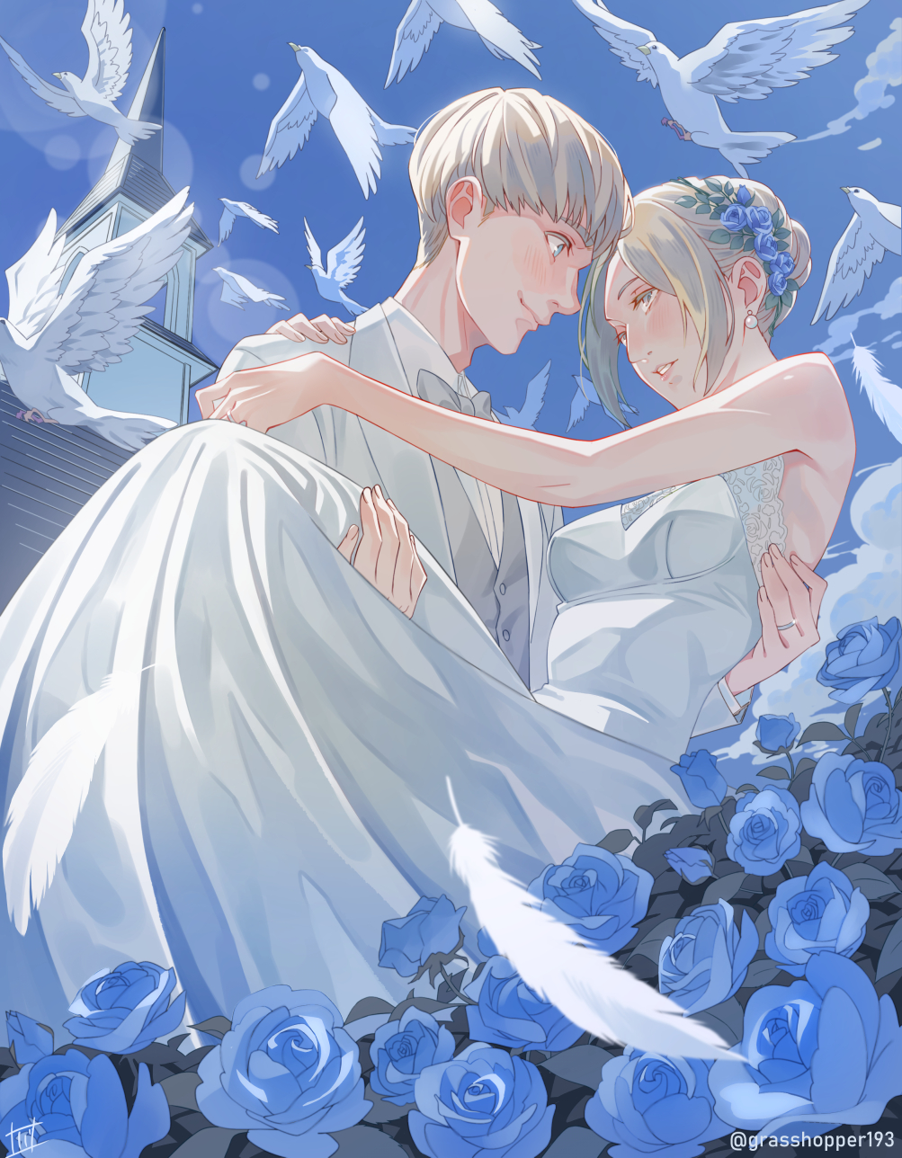 1boy 1girl annie_leonhart armin_arlert artist_name bare_shoulders bird blonde_hair blue_flower blue_rose blue_sky blush bow bowtie breasts carrying closed_mouth cloud day dove dress earrings falling_feathers feathers flower flower_wreath formal_clothes grasshopper193 grey_bow grey_bowtie grey_vest hair_bun hair_flower hair_ornament highres jewelry lens_flare looking_at_another medium_breasts outdoors parted_lips pearl_earrings princess_carry ring rose shingeki_no_kyojin shirt short_hair sky suit teeth twitter_username very_short_hair vest wedding_dress white_bird white_shirt white_suit